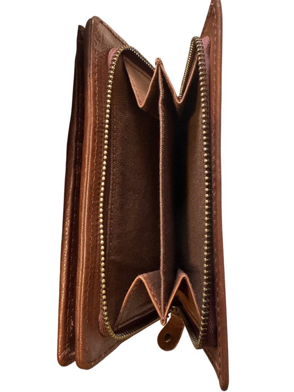 Brown Genuine Leather Wallet With Laser-Cut Design Multiple Card Slots Snap & Zi - Picture 3 of 4